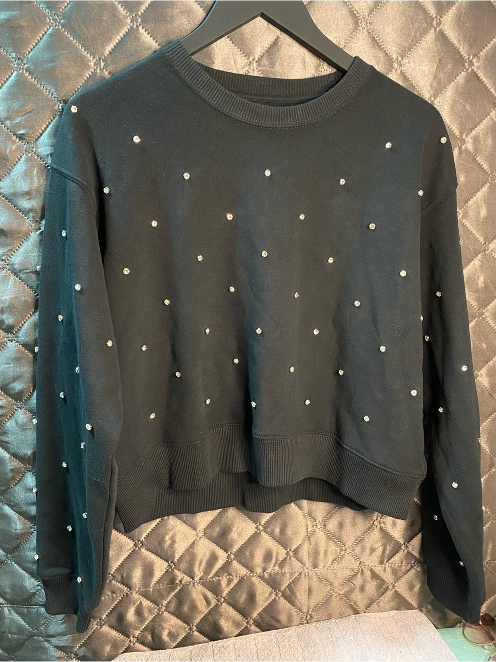American Eagle Black Rhinestone Embellished Cropped Crew Neck Sweatshirt xs